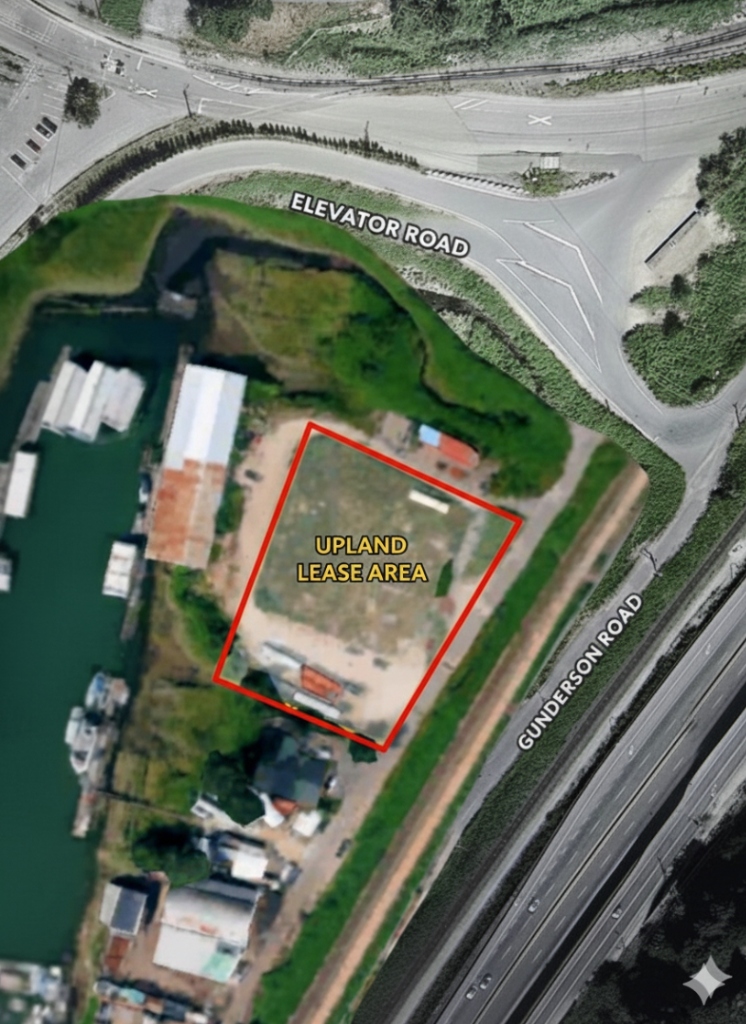 Aerial view of industrial property with upland lease area highlighted